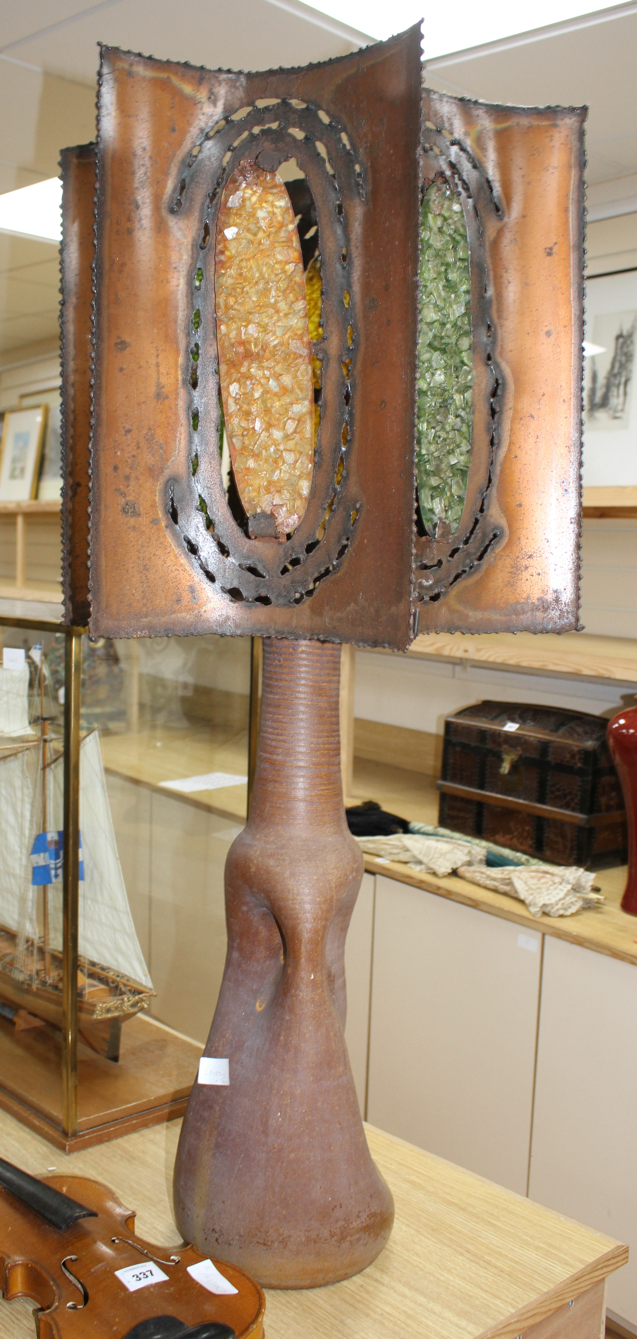 A French Accolay pottery copper and glass shard table lamp, c.1970,